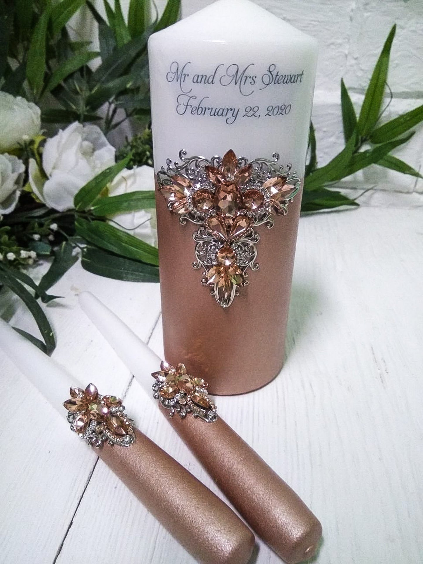 Personalized Rose Gold and Silver Decorative Unity Candles for Couples