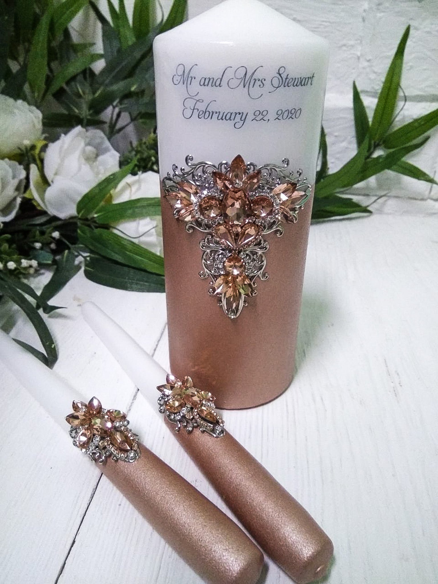 Metallic rose gold unity candles for weddings