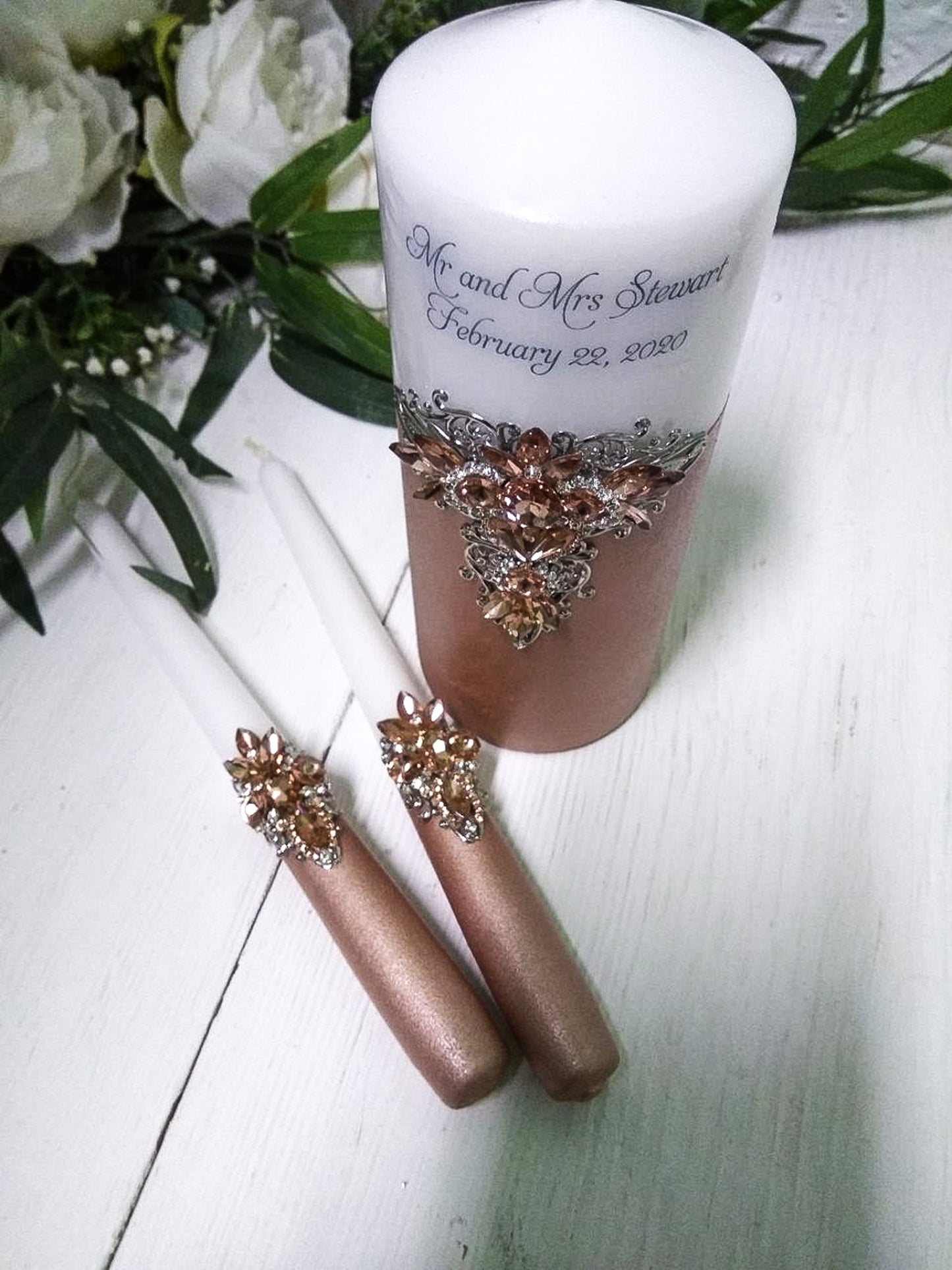Personalized Rose Gold and Silver Decorative Unity Candles for Couples