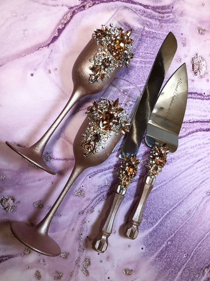 Engraved cake knife and server set with sparkling crystal embellishments