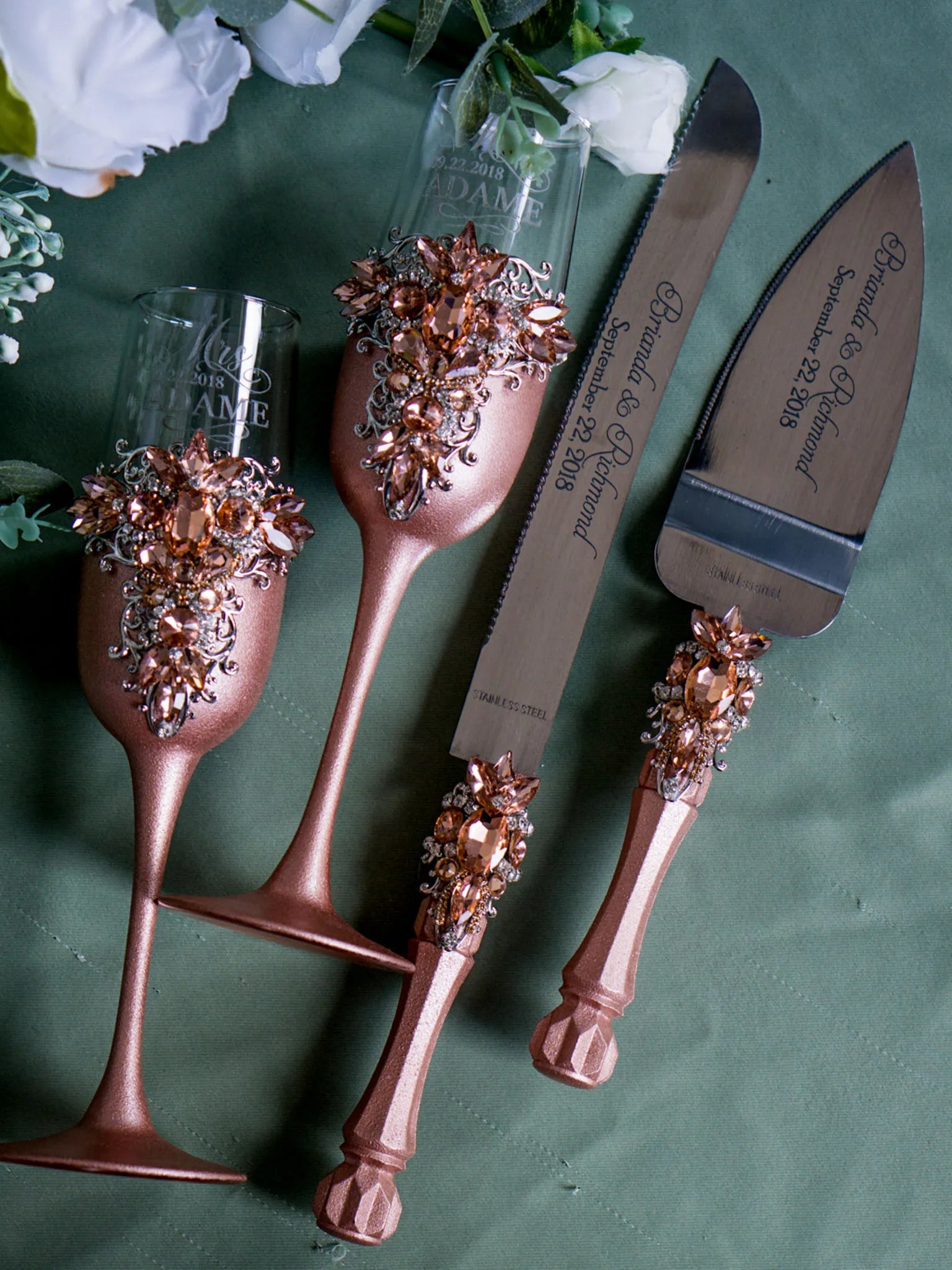Elegant cake knife and server duo in rose gold and crystal