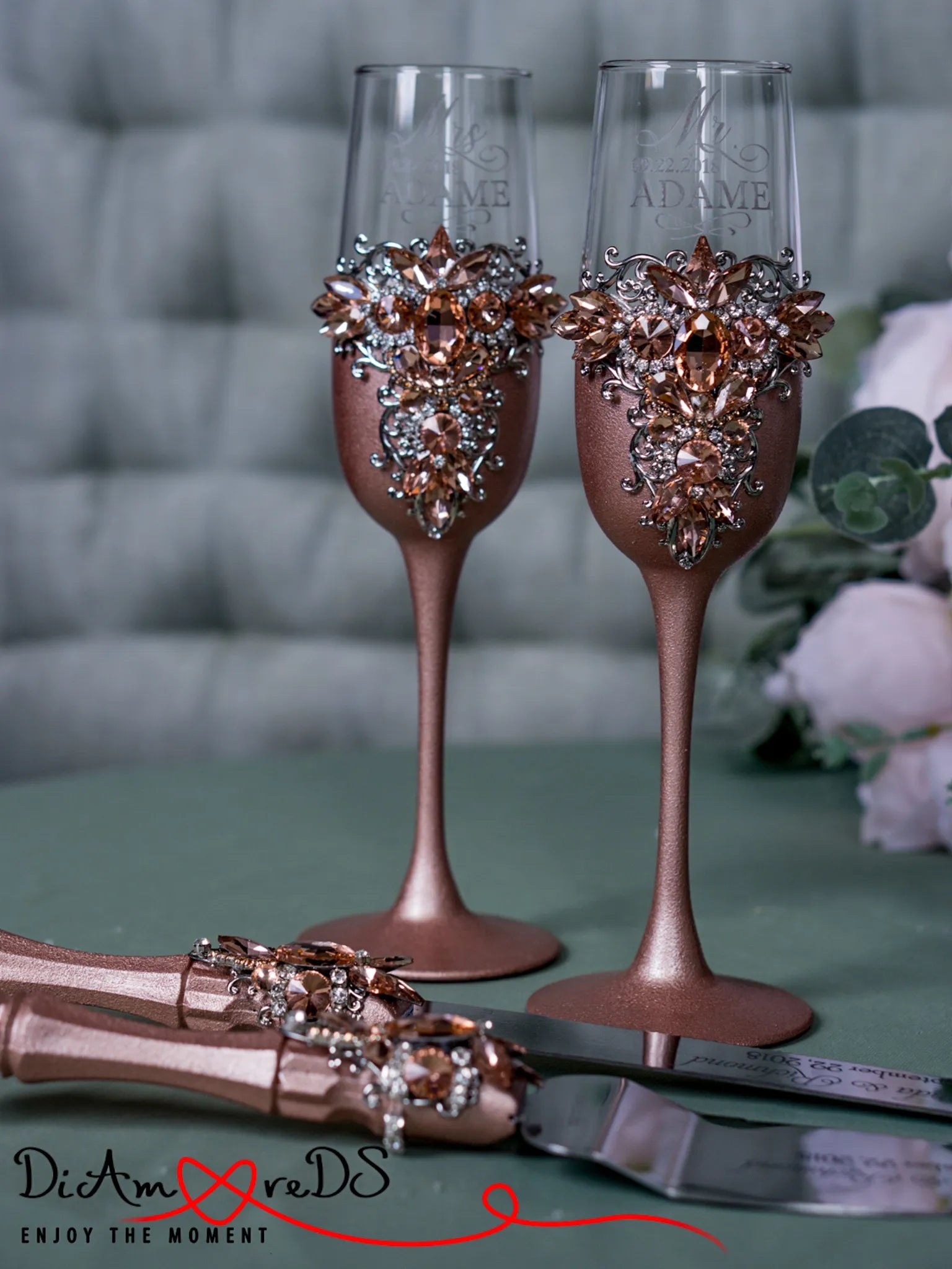 Engraved rose gold wedding toasting flutes