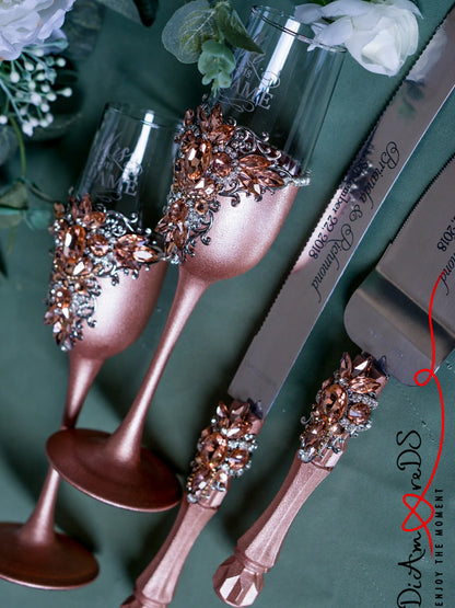 Gloria Rose Gold Crystal Personalized Cake Knife and Server Set