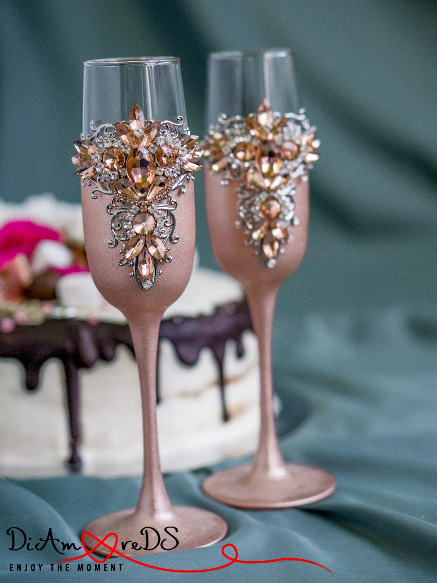 Elegant wedding champagne flutes with rose gold crystals