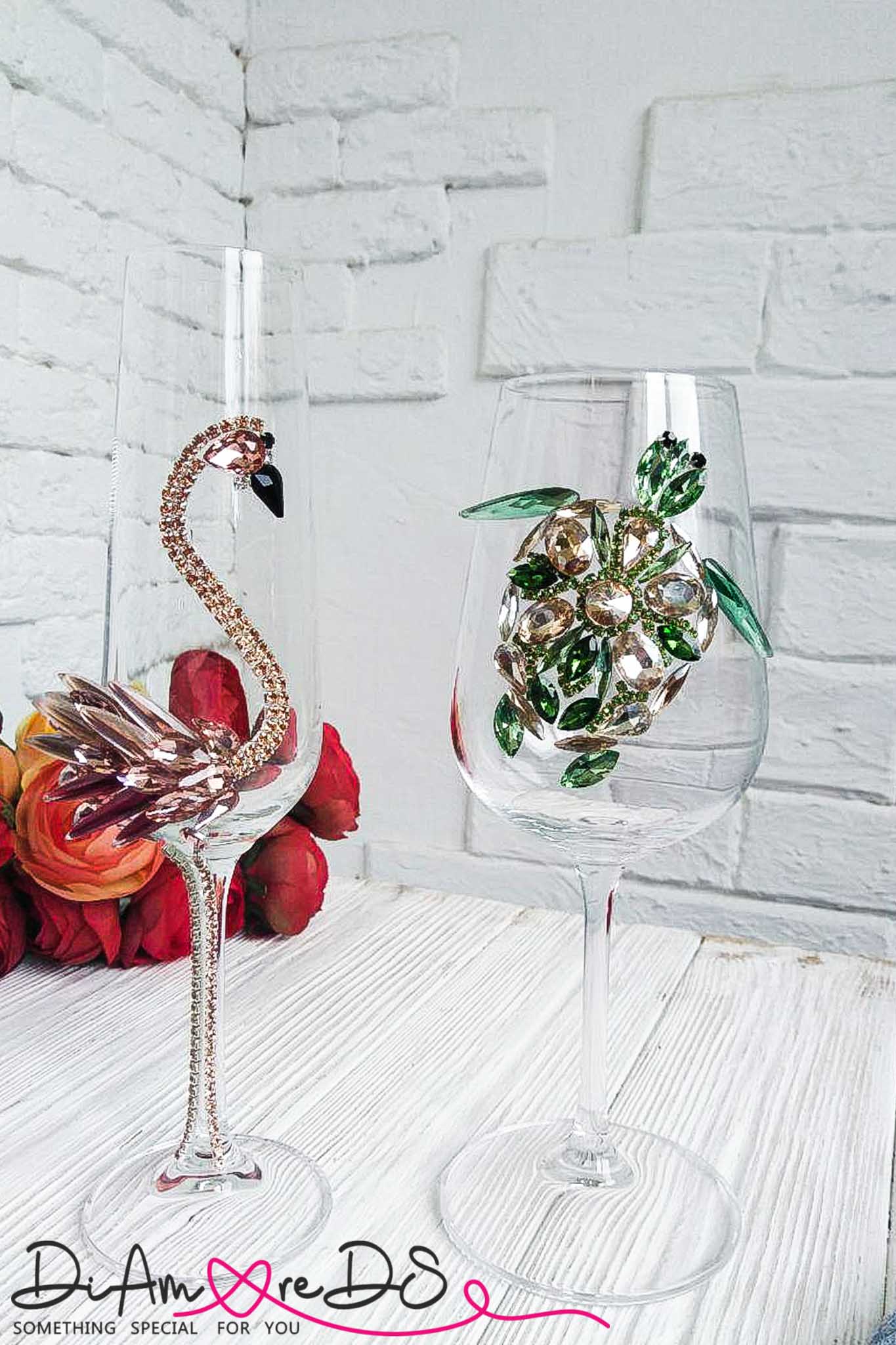 Tropical elegance captured in a wine glass, adorned with a handcrafted sea turtle made from sparkling green crystals.