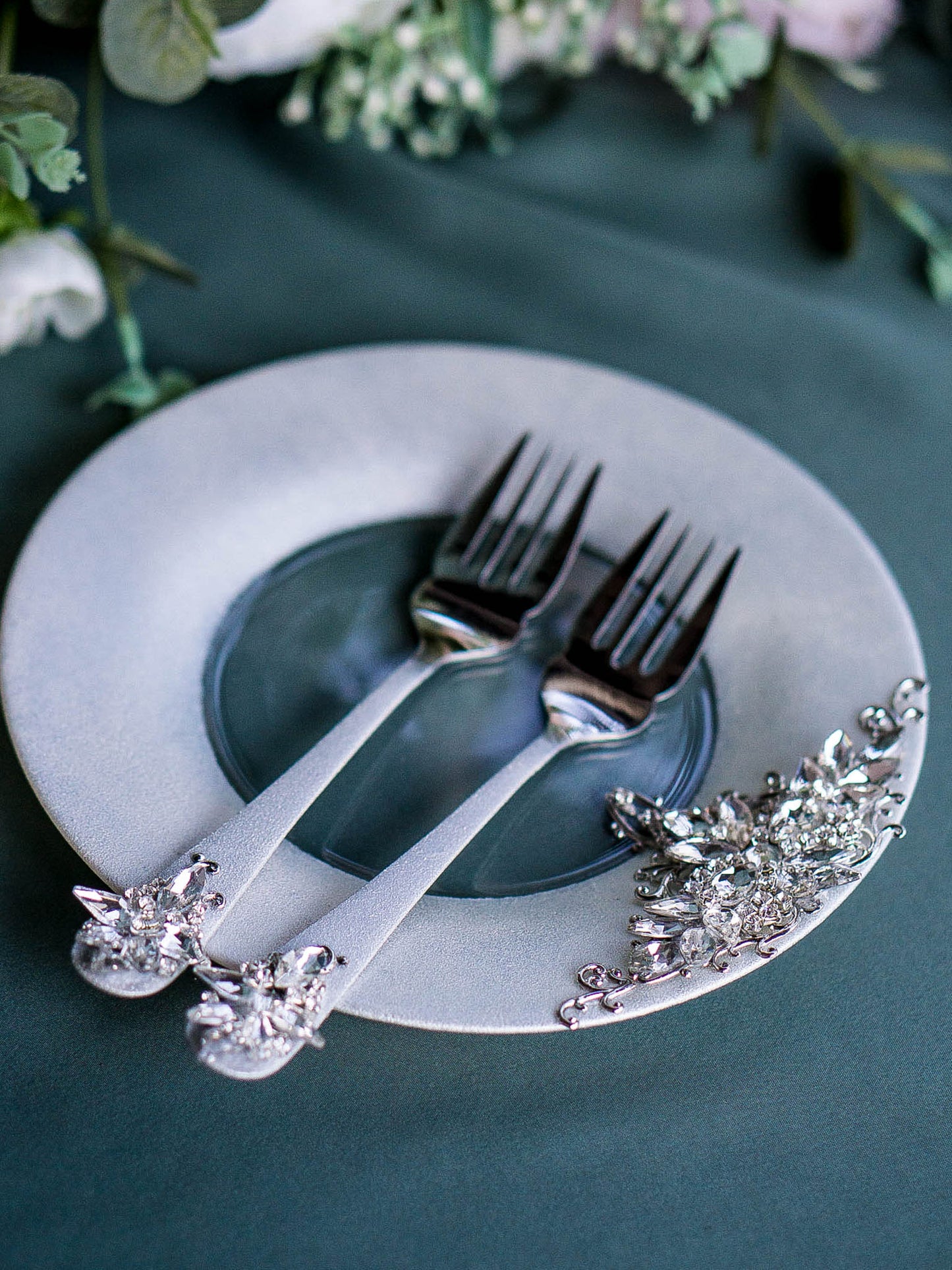 Elegant Silver Crystals Engraved Wedding Dessert Forks and Plate Set