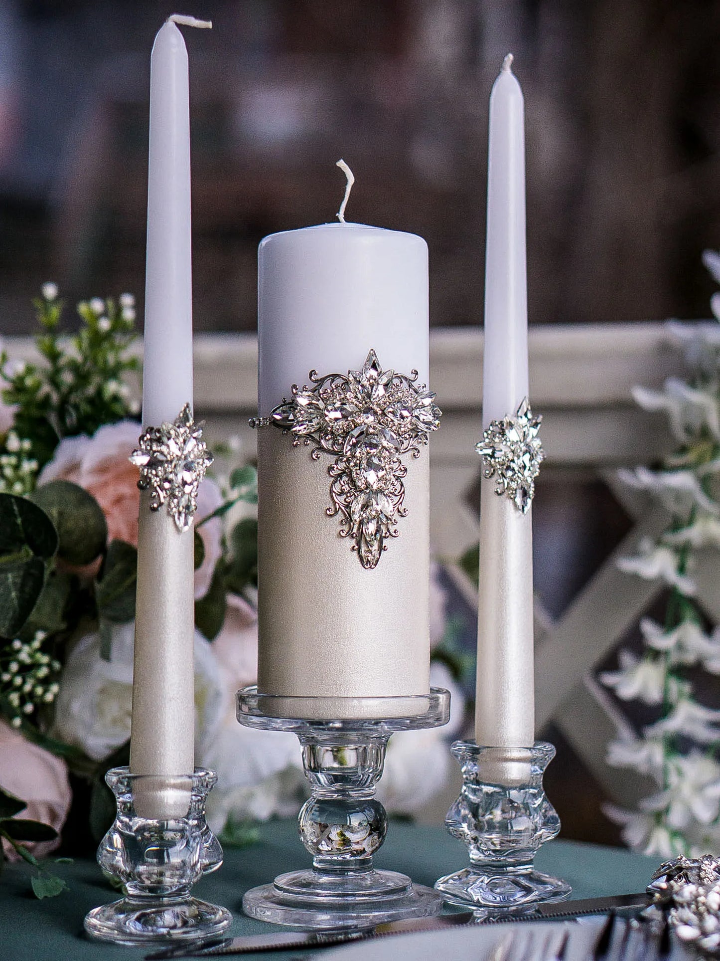 Silver crystals wedding candle ceremony set