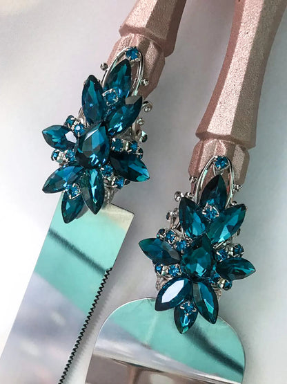 Exquisite Blue Teal and Rose Gold Crystals Luxury Flutes and Cake Cutting Set