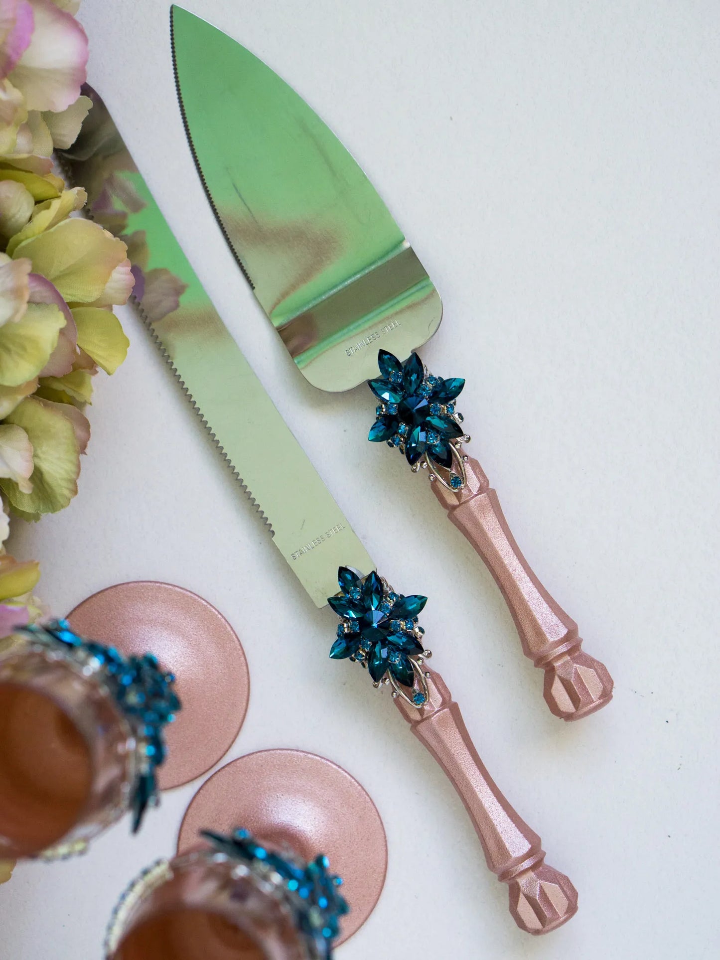 Personalized Blue Teal and Rose Gold Luxury Toasting Flutes and Cake Cutting Set