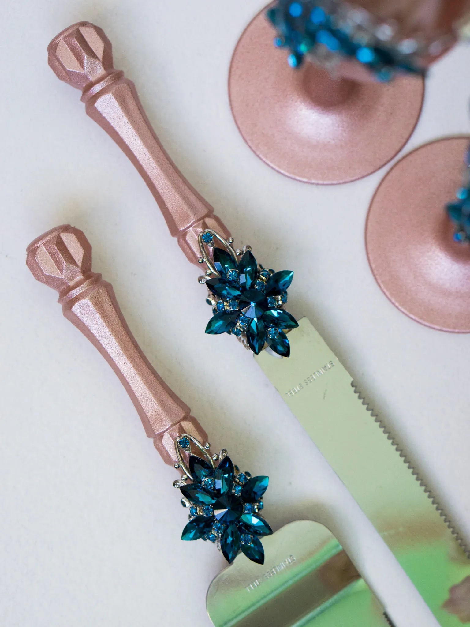 Blue Teal Crystal Cake Knife Set with Rose Gold Accents