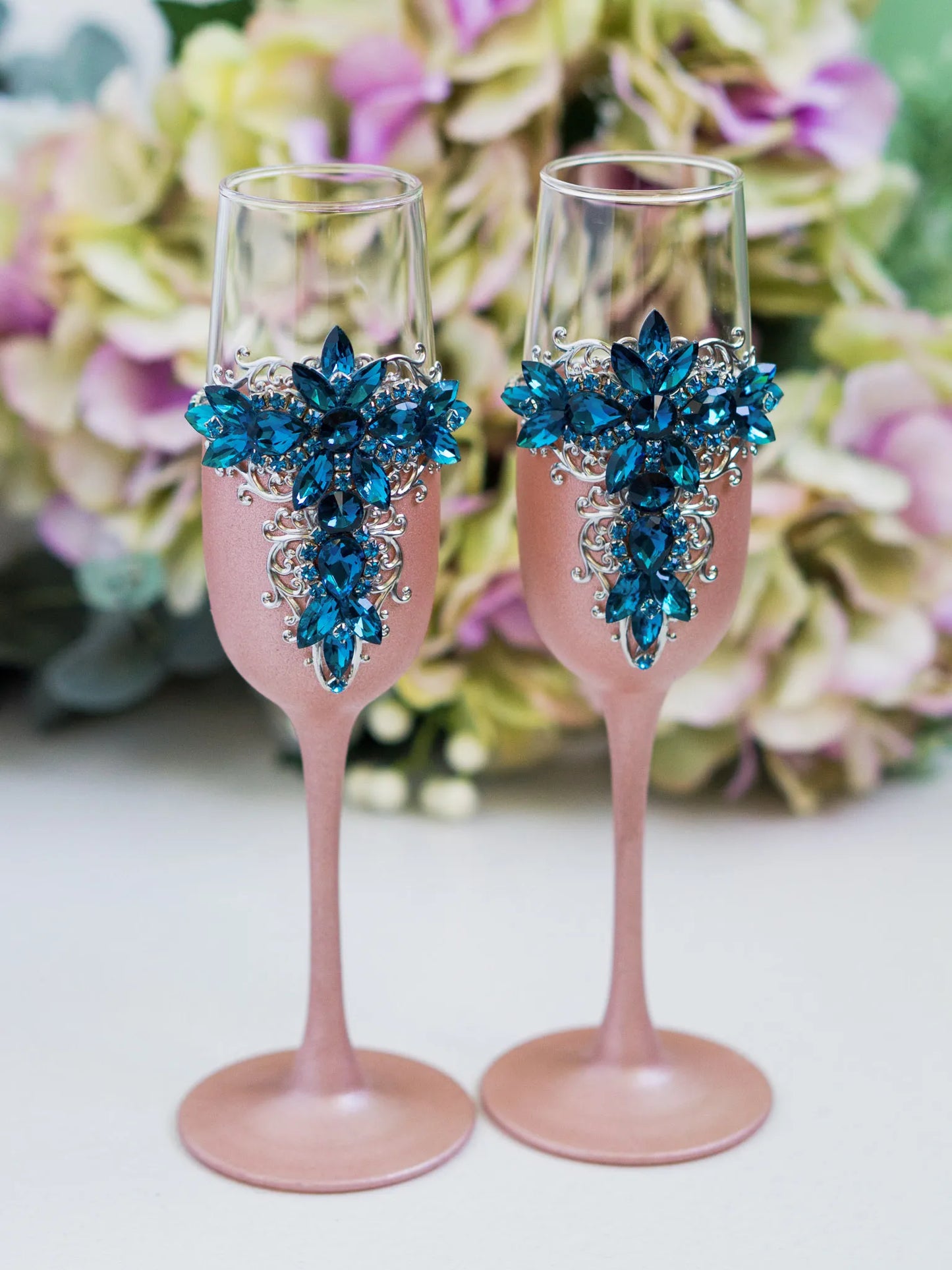 Gloria Blue Teal and Rose Gold Wedding Flutes for the Bride and Groom