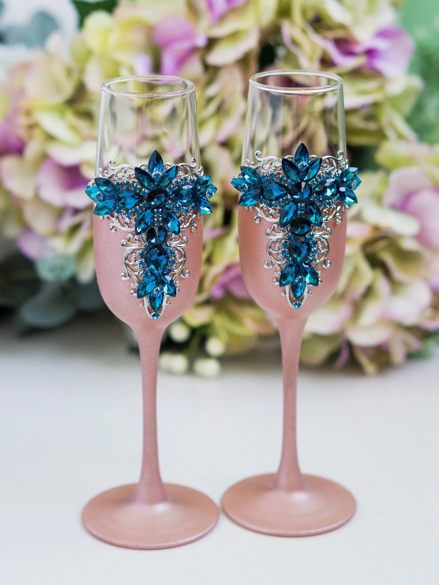 Unique Blue Teal and Rose Gold Crystals Wedding Toast Flutes and Cake Set