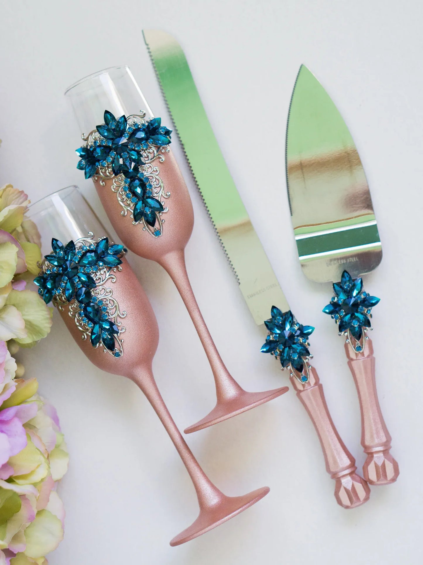 Radiant Blue Teal and Rose Gold Personalized Wedding Cake Knife Set - Gloria Collection