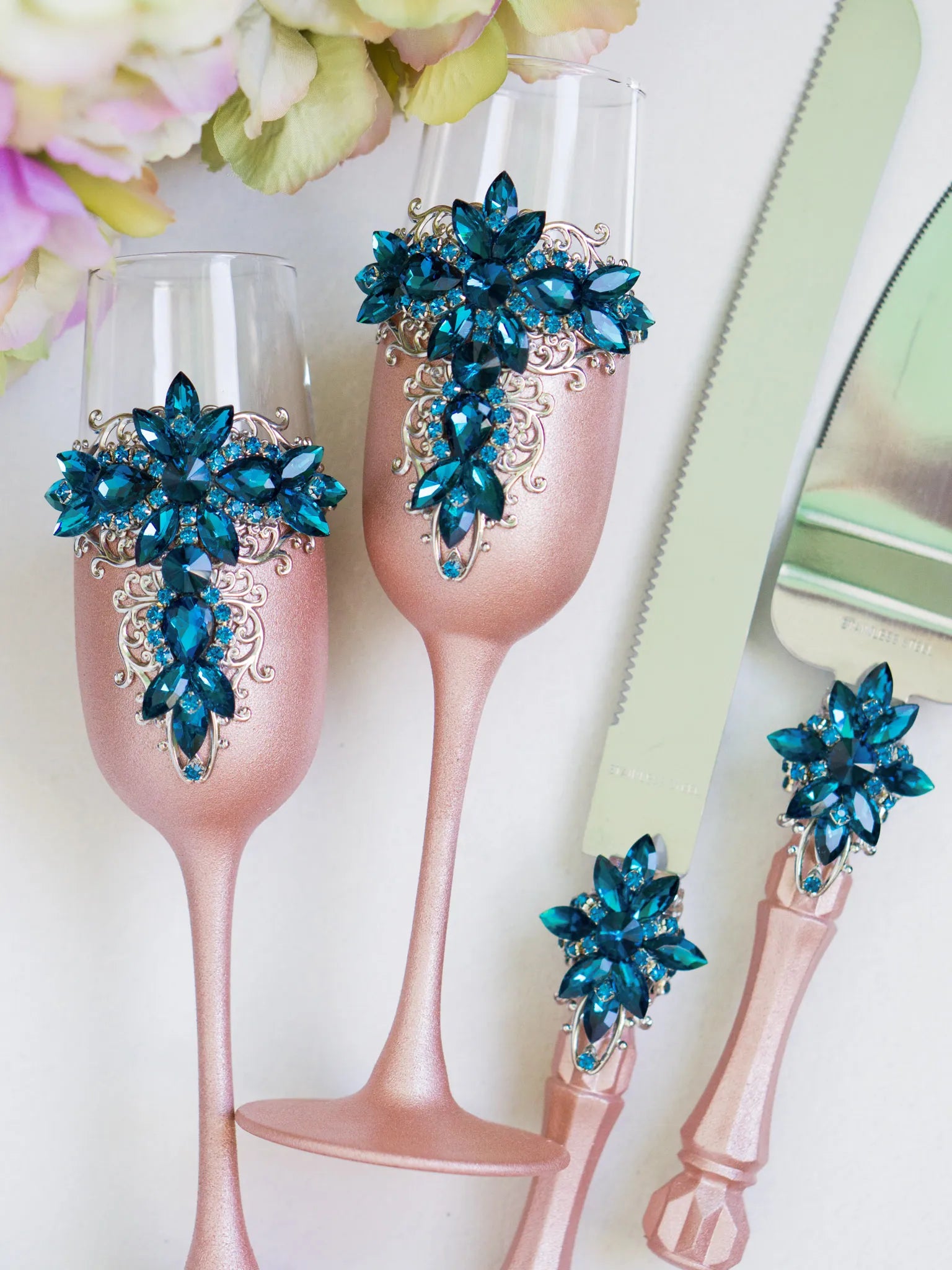 Exquisite Blue Teal and Rose Gold Crystals Luxury Flutes and Cake Server