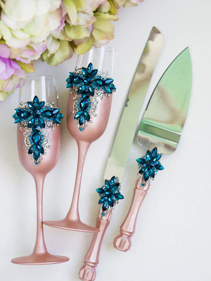 Radiant Blue Teal and Rose Gold Personalized Wedding Cake Knife Set - Gloria Collection