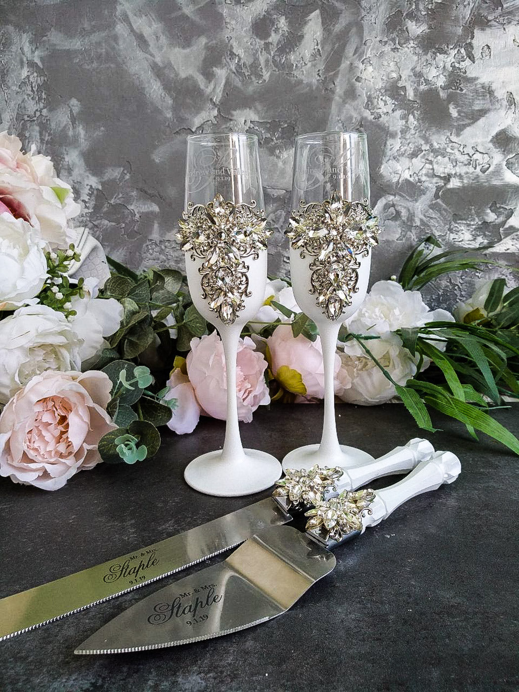 Elegant White and Silver Wedding Glassware and Cake Server