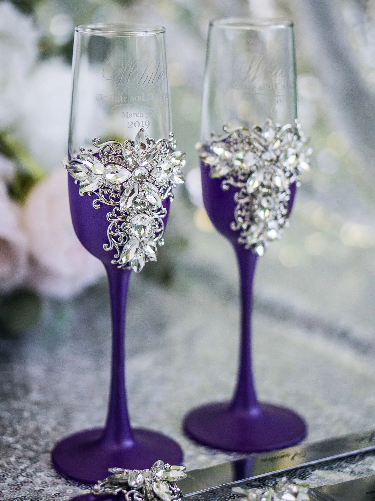 Silver and Plum Purple Personalized Crystals Decorative Champagne Glasses with Cake Serving Accessories