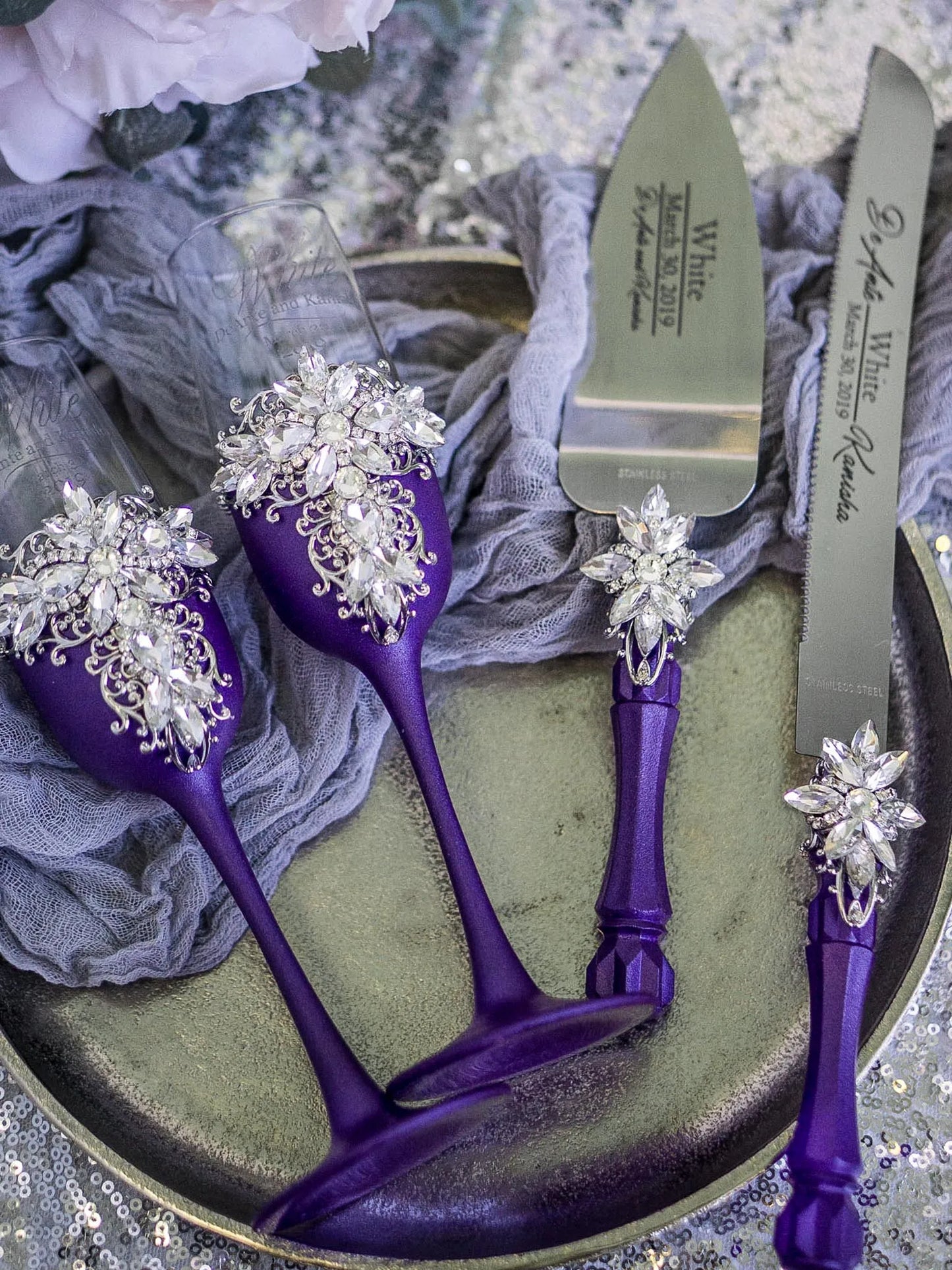 Plum Purple and Crystal Silver Wedding Flutes