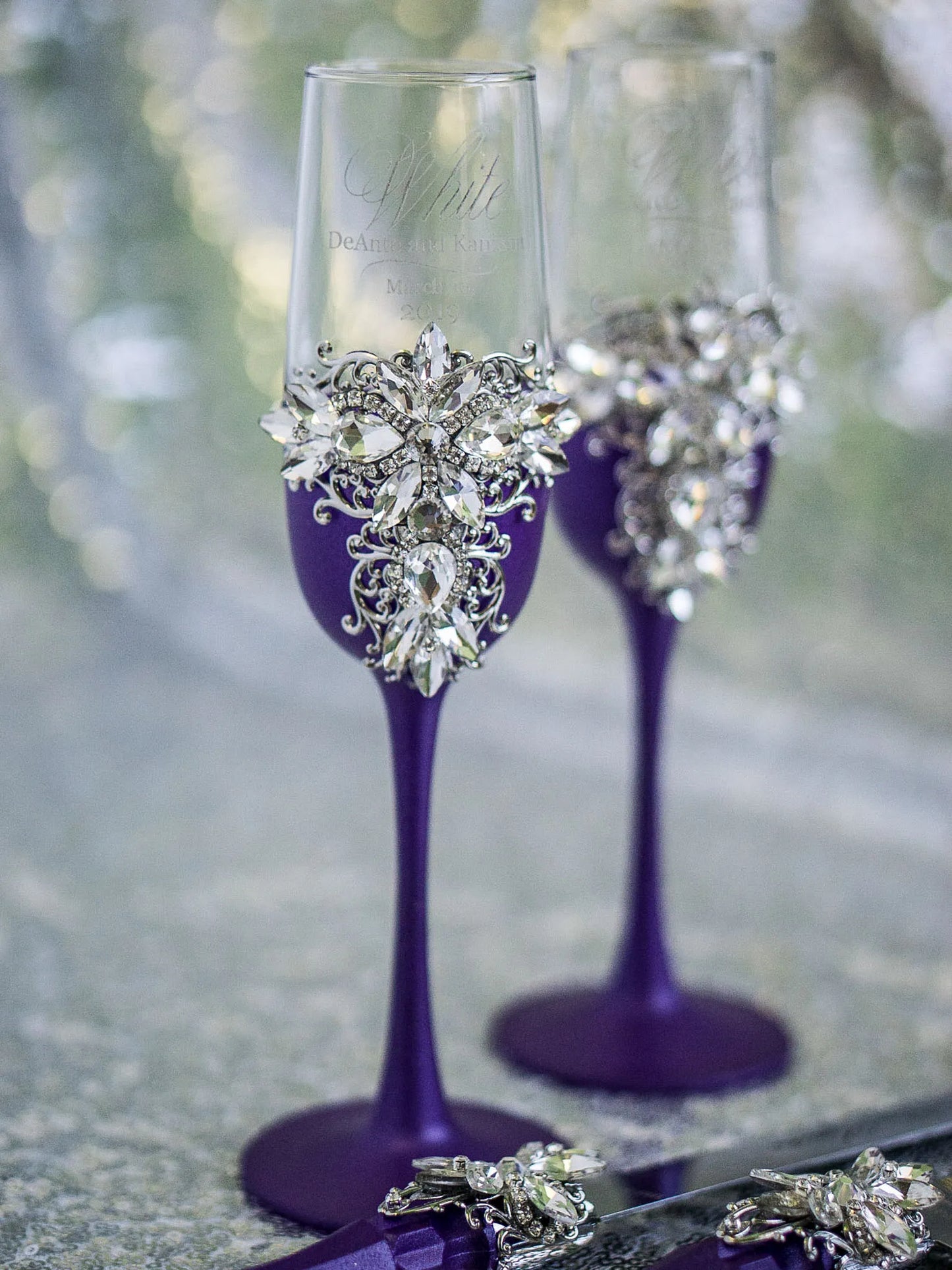 Plum Purple and Crystal Silver Wedding Flutes