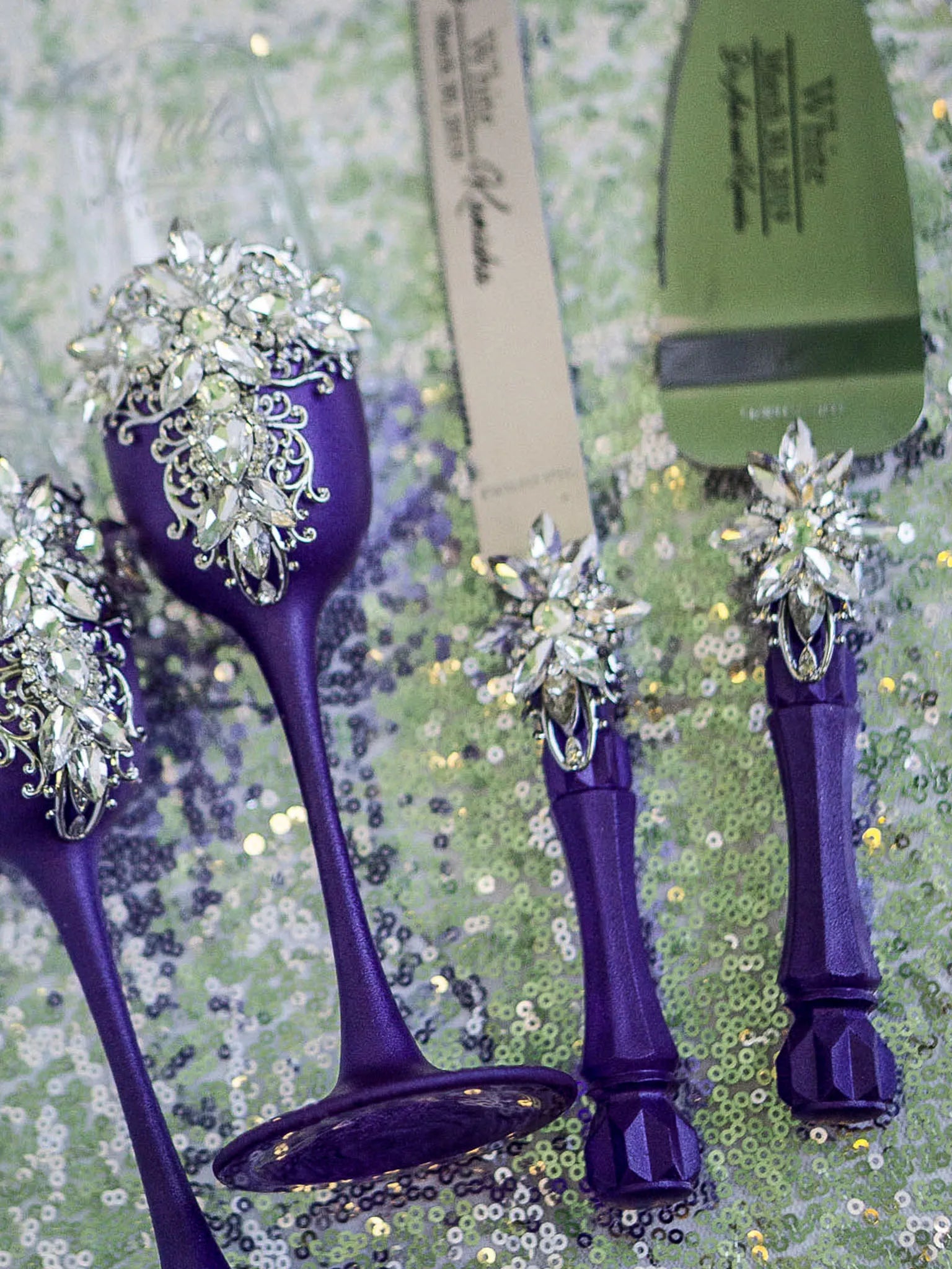 Elegant Silver and Plum Purple Wedding Glassware and Cake Server