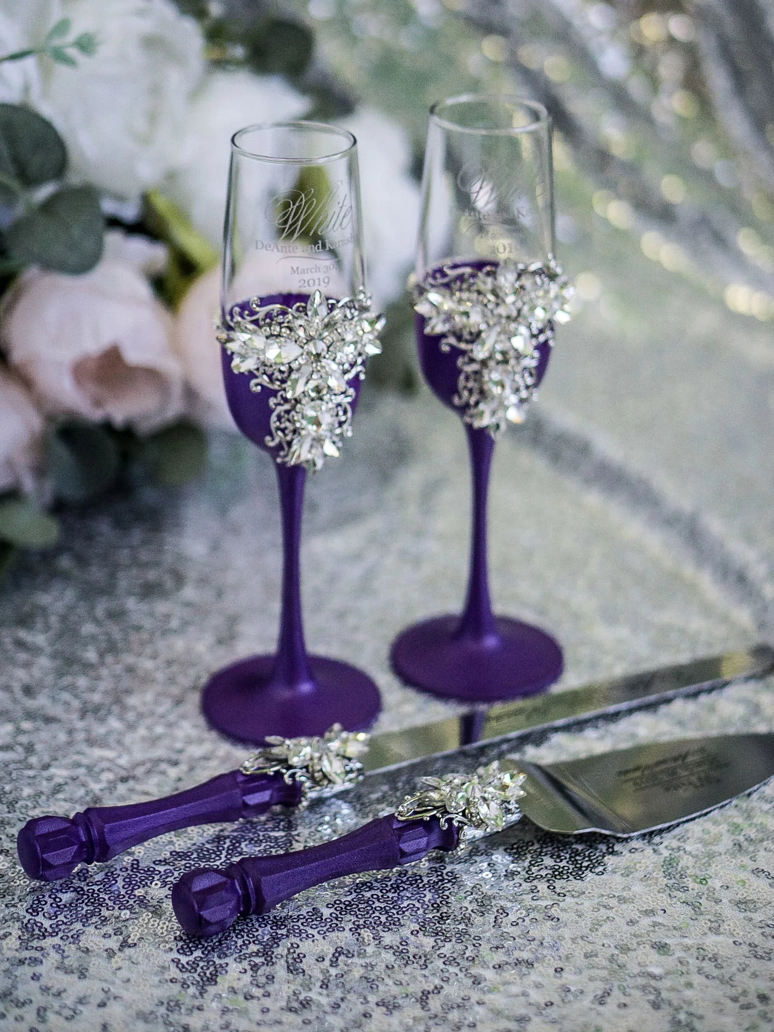 Silver and Plum Purple Crystals Champagne Glasses & Cake Set on display