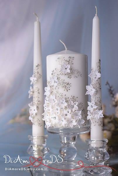 Unity Candle Set with white flowers and silver painting. - 3 pieces - Jasmine