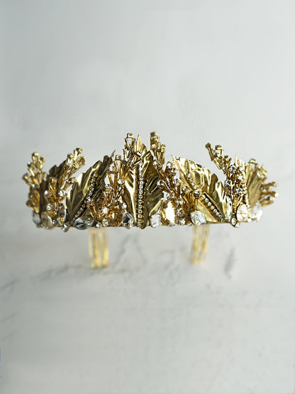 Front view of Gold Wedding Crown with Leaves and Crystals on white background