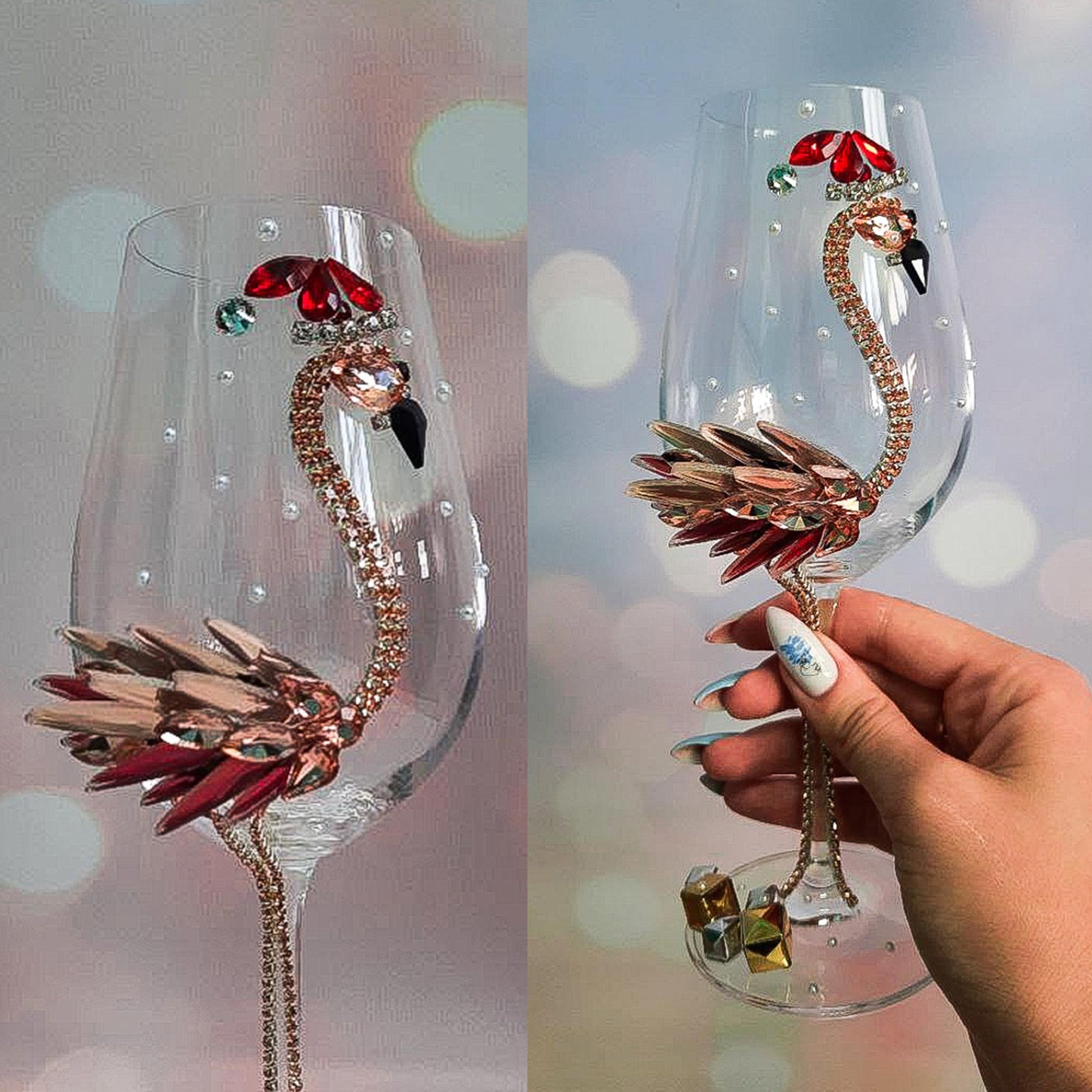 Santa-Flamingo Festive Wine Glasses with Gifts