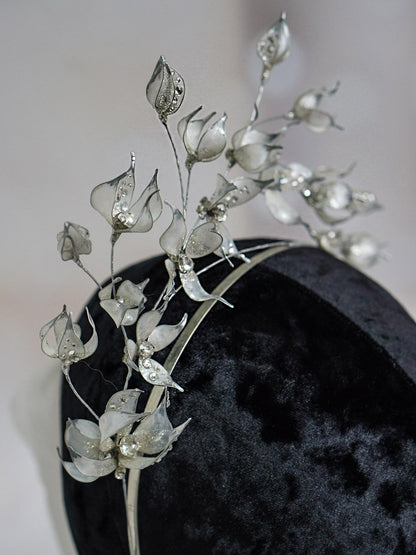 White Floral Headband with Glittering Clematis and Crystal Accents for Brides