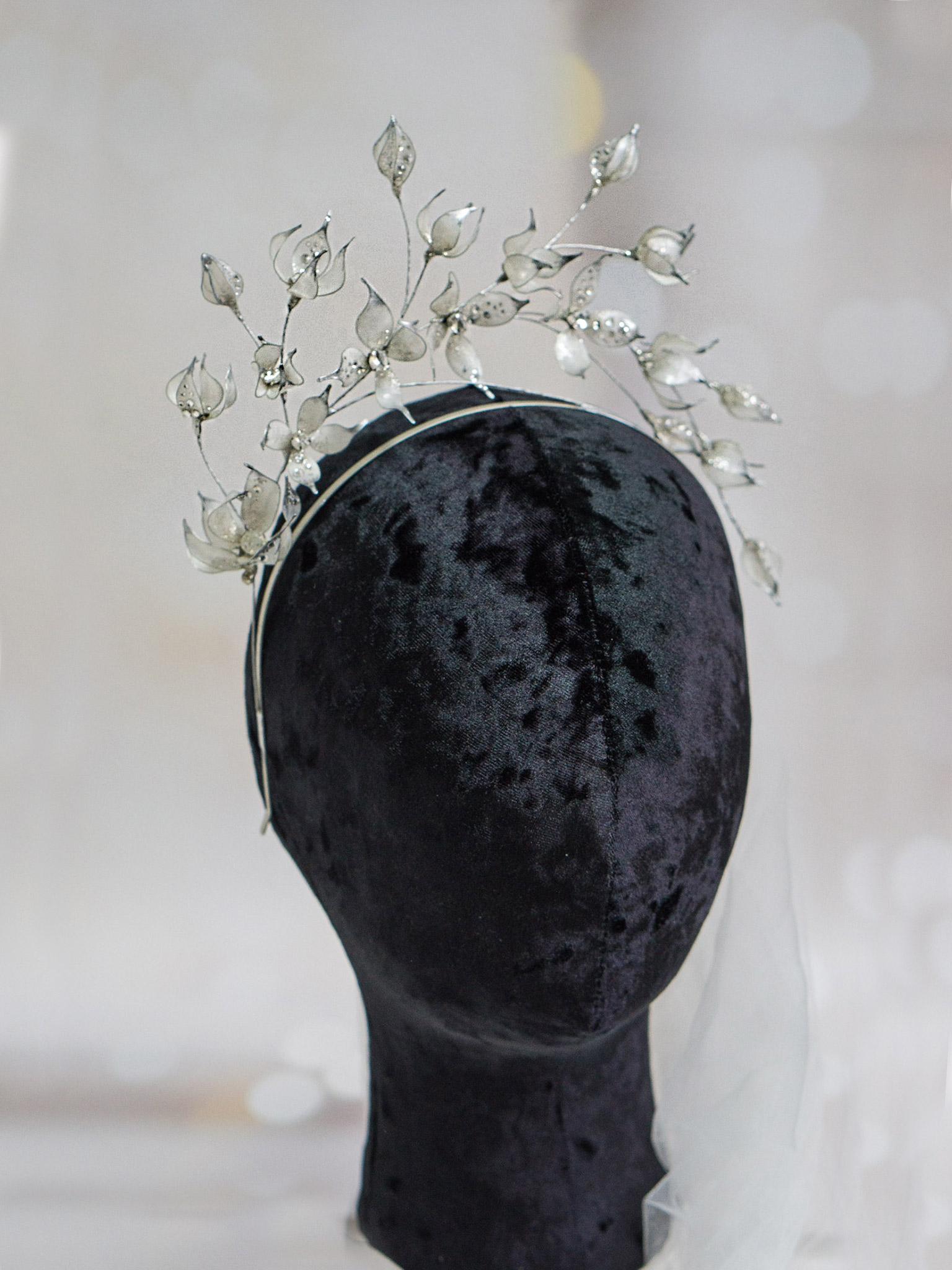 White Clematis Bridal Headband with Glittering Details