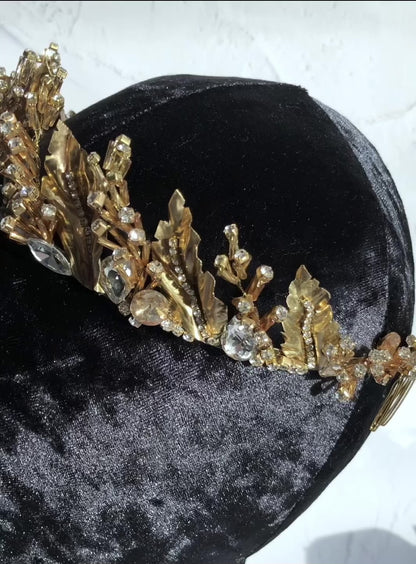 Gold Wedding Crown with Leaves and Crystals
