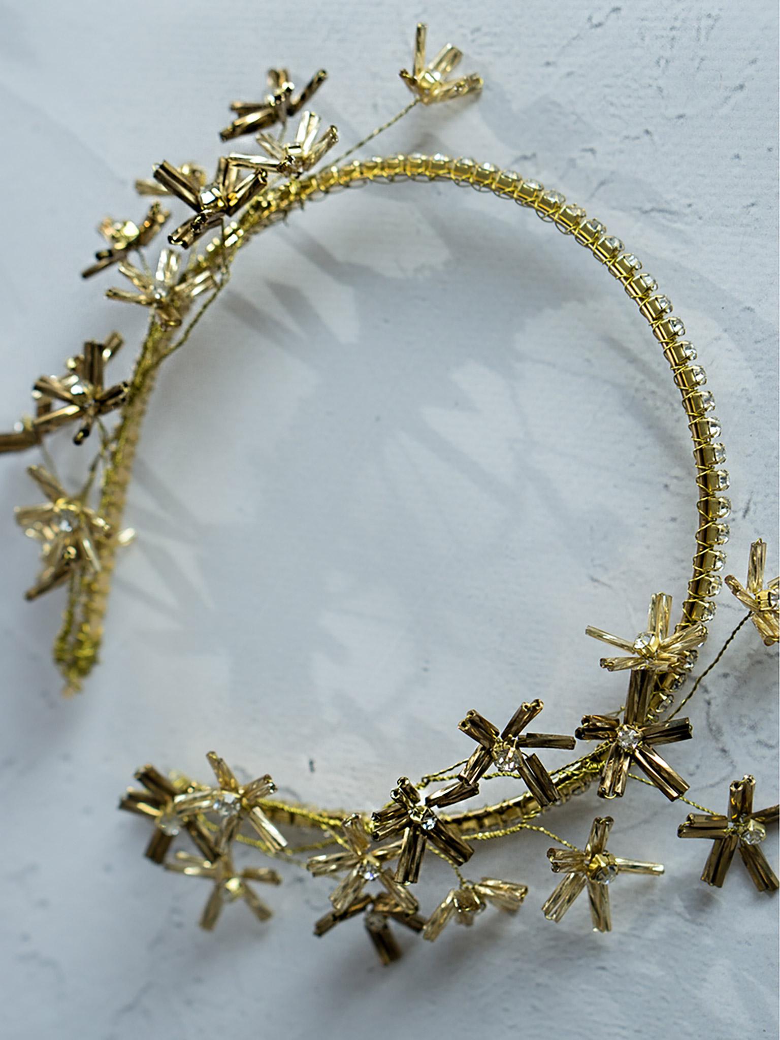 Elegant Gold Bridal Headband with Crystal Daisy Flowers