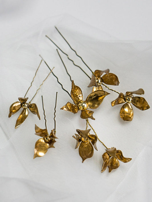 Handmade Clematis Flower Hairpins with Gold Finish and Dazzling Embellishments