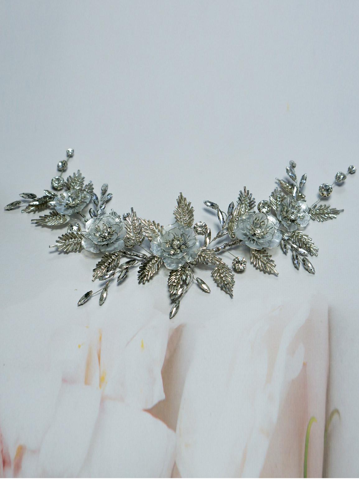 Shimmering silver hair vine with crystals and flowers